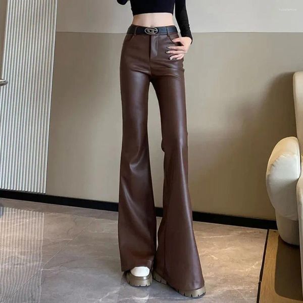 Pantalon féminin Streetwear 90 Vintage Hiver Leather Flare Black Slim Panters Pu Faux Wide-Leg Pantalones