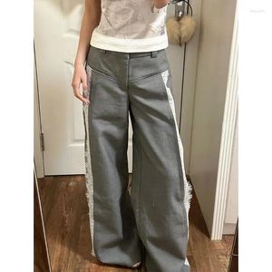 Dames broek streetwear contrast kleur kan kant latwerk grijze vrouwen 2024 zomer hoge taille losse casual gedrapeerd brede been