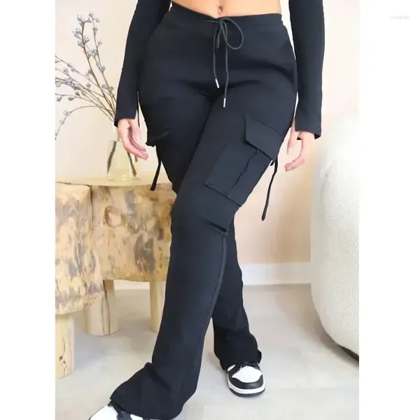 Pantalones de mujer, ropa de calle, moda, cintura media, Cargo con bolsillos, pantalones sexis negros ajustados con cordón, pantalones informales para mujer 30362