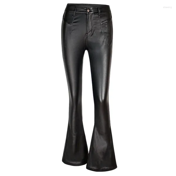 Pantalones de mujer estiramiento faux pu cu de cuero mujer bota de cintura alta corta empuje zafado pantalones acampanados