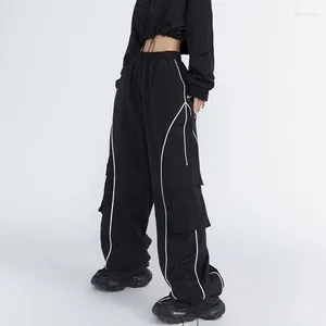 Style de pantalon féminin Retro High Waited Black Pocket Salopes pour Street Hip-Hop Dance Sports Casual Trend avec