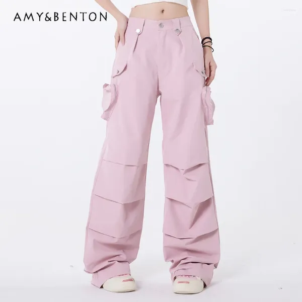 Pantalones de mujer verano americano Retro pliegues cintura alta pierna ancha bolsillo tridimensional Rosa Cargo suelto Casual Hip Hop pantalones