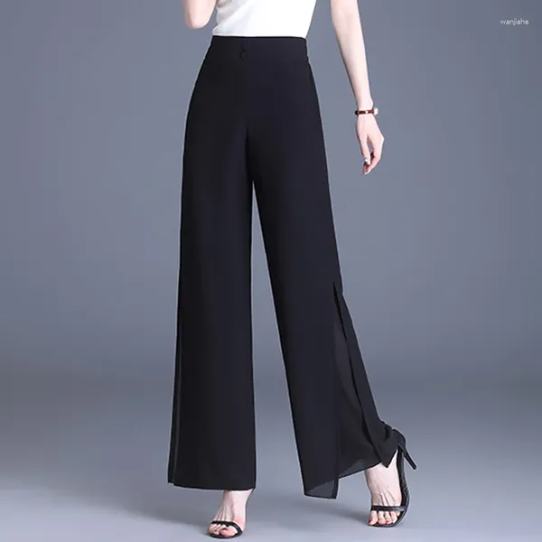 Pantalon d'été en mousseline de soie pour femmes, mode coréenne, couleur unie, taille haute, jambes larges, décontracté, noir, Long, qualité