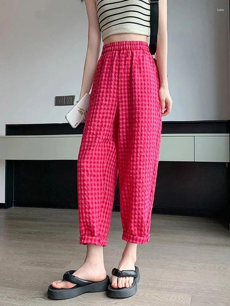 Pantalon féminin en coton d'été lin lâche capri femme coréen coréen décontracté pantalon hipster large jambe large noire blanc plaid