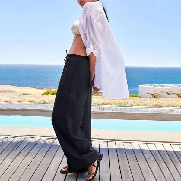 Pantalones de mujer Pantalones de playa de pierna ancha flojos sueltos de lino de algodón de verano con bolsillos Viaje casual femenino