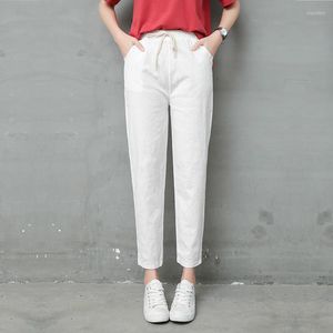 Pantalon femme été mode mince droite coton lin filles lavé plat décontracté à lacets blanc dames pantalons longs grande taille 2xl