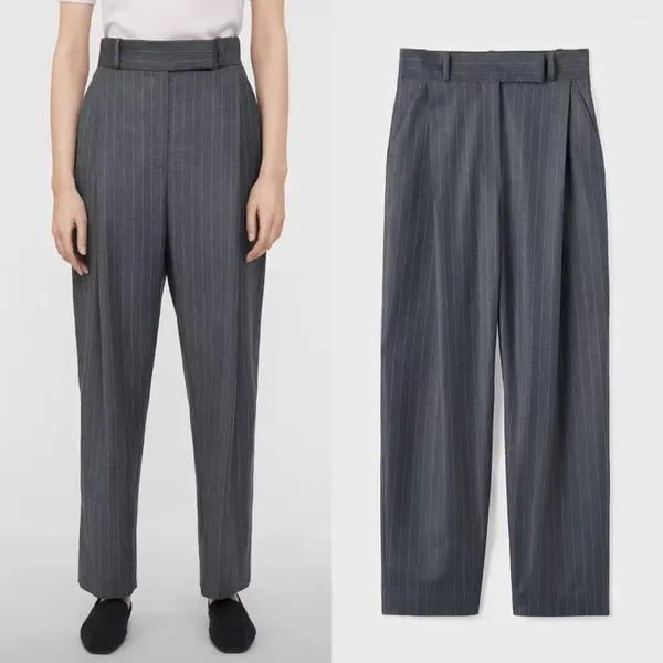 Pantalones de mujer Pantalones de lana plisados profundos a rayas grises de verano Pantalones casuales cónicos de cintura alta