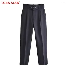 Pantalones de mujeres Cinturón de cintura alta lápiz de lino negro pantalones sueltos femeninos Lujia alan P3797