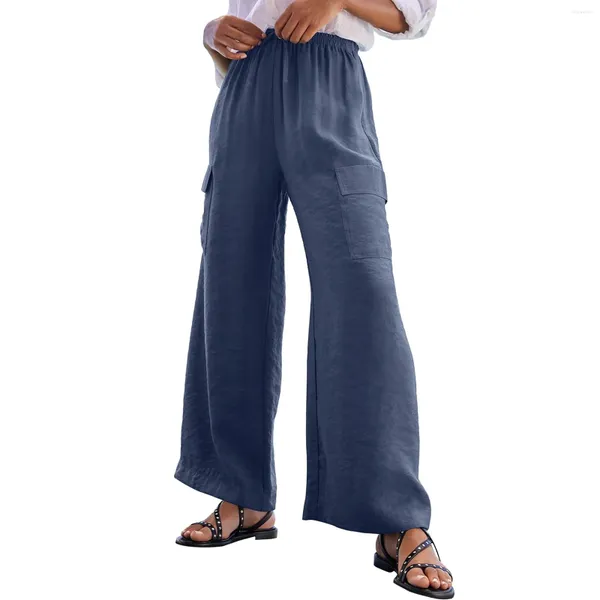 Pantalones de mujer Pantalones de playa de pierna ancha fluidos de lino de verano con bolsillos con tirantes recortados Cargos Y2k