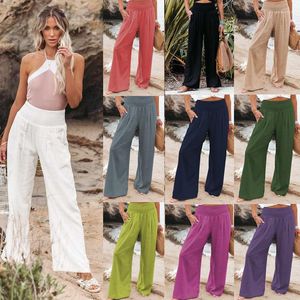 Pantalon Femme Été Surdimensionné Jambe Large Femmes Vintage Coton Lin Palazzo Mode Pantalon Long Casual Taille Élastique Pantalon Solide 5XL