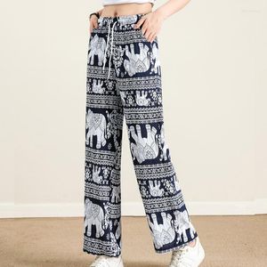 Pantalones de mujer Palazzo de verano con bolsillos para mujer Pantalones de salón con estampado de elefante bohemio de pierna ancha con cordón de cintura alta