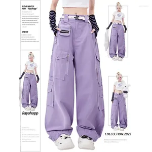 Damesbroeken Zomer Retro Paarse Overalls Hoge taille Jeans met wijde pijpen Losse casual mode Multi Pocket Mom Hip Hop Street Style