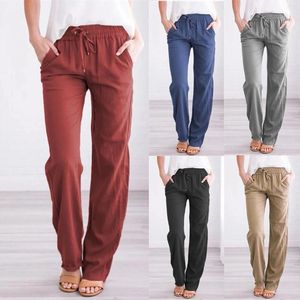 Pantalon d'été en coton et lin pour femmes, couleur unie, droit, cordon de serrage, ample, jambes larges, Long avec poche
