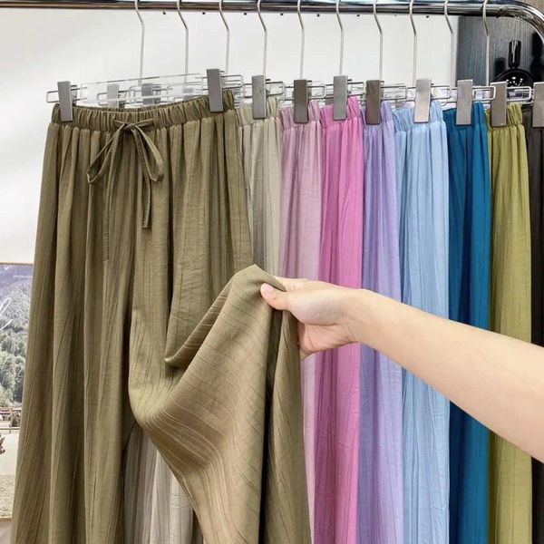 Pantalon d'été en mousseline de soie pour femmes, jambes larges, décontracté, taille haute, ample, droit, Long, couleur unie, cordon de serrage, mode 2023