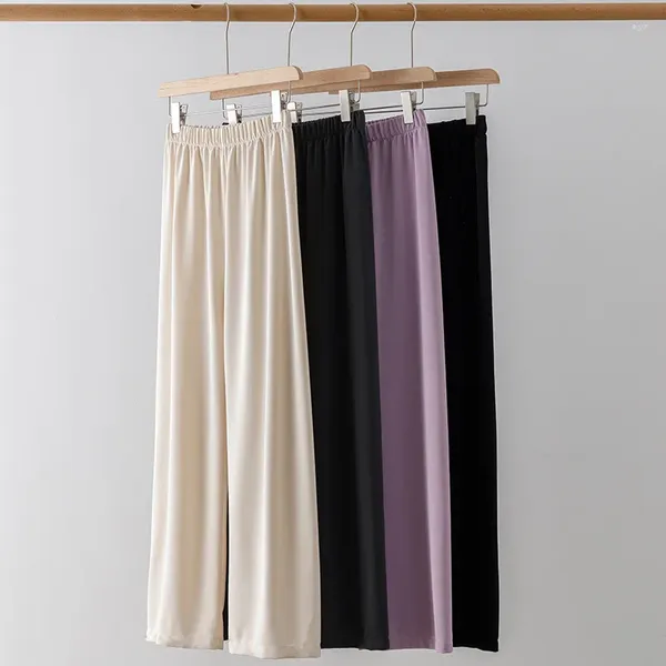 Pantalones de mujeres Summer Fino Outwear informal para mujeres con hielo Seda de seda Drop de pierna ancha Highwaist Slim Cubro de goma elástica