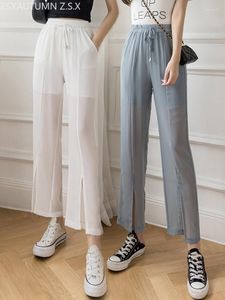 Pantalones de mujer de verano finos de pierna ancha divididos de gasa de cintura alta rectos de nueve puntos pantalones de moda coreana Casual para mujer
