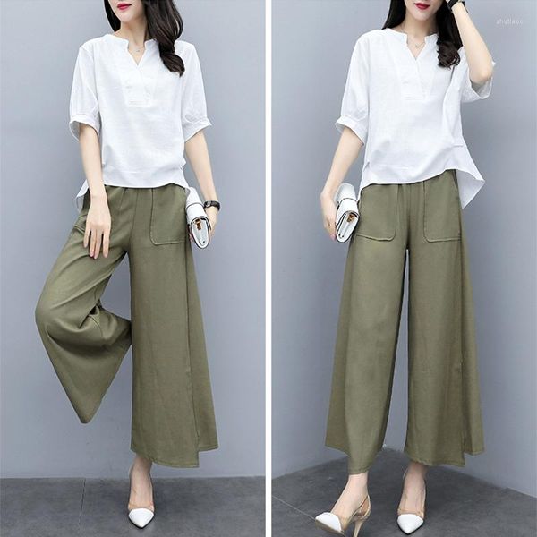 Pantalon d'été à jambes larges pour femmes, tissu en coton et lin, t-shirt ample décontracté, deux pièces, grande taille M-3XL