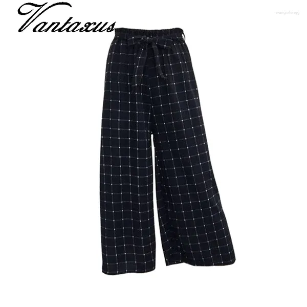 Pantalones de mujer Summer ancho ancho longitudes de rodilla a cuadros palazzo pantalón de rayas sueltas calles casuales elegantes blancos capris pantalones