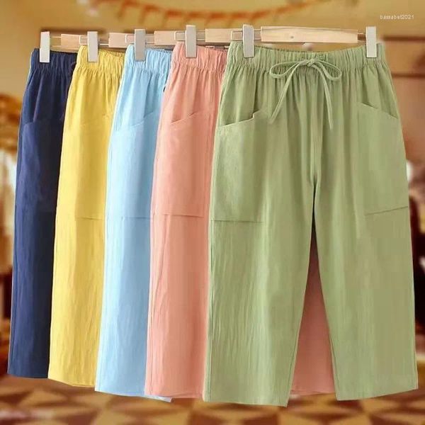 Pantalones para mujeres Summer Mujer pantalones recortados Pinco verde Cotón informal Lino de algodón Color sólido Playa suelta