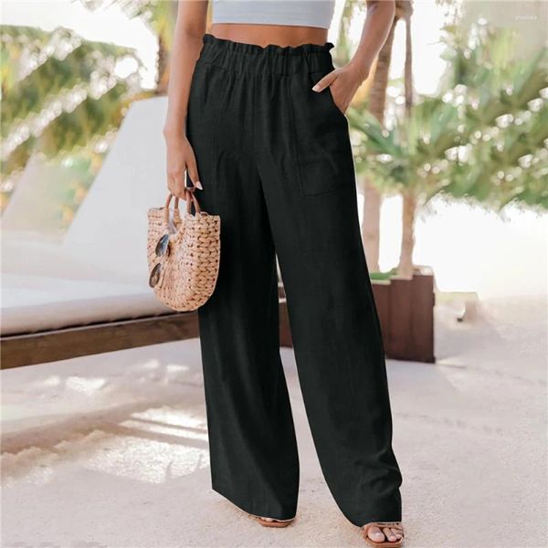 Pantalones de mujer Verano Mujer Casual Moda con volantes Bolsillos de parche Elástico Mediados de cintura Sólido Pierna ancha Señoras Ropa suelta Pantalones femeninos