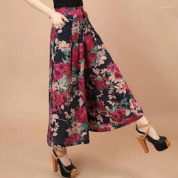 Pantalons pour femmes Femmes d'été Imprimer Motif de fleurs Jambe large Robe en lin ample Femme Jupe décontractée Pantalon Capris Culottes Mujer Grande Taille