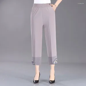 Pantalon féminin d'été femmes minces couchés élastiques hauts style chinois hétéro brodé femelle d'âge moyen décontracté