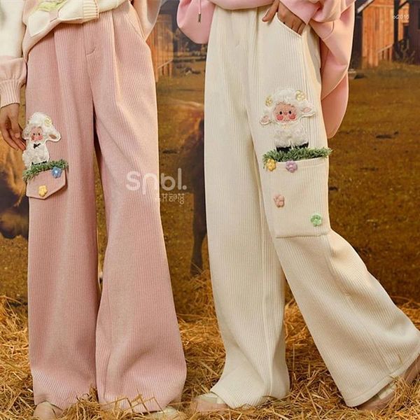 Pantalones para mujer Sweet Girls Lindo 3D Ovejas Bolsillo Y2K Sweetpant Kawaii Invierno Felpa Espesar Pierna ancha suelta Cintura alta Joggers Coreano Moda