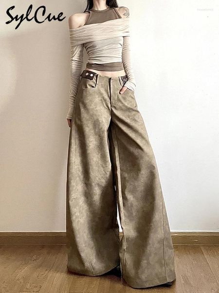 Pantalon femme Sylcue kaki Vintage tout-match décontracté tendance Cool haute rue jeunesse vitalité jambe droite pantalon large
