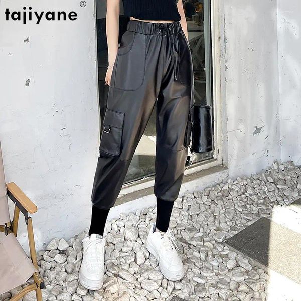 Pantalon féminin Tajiyane Real Cargo en peau de mouton pour les femmes Taies élastiques Véritain cuir haut pantalon Streetwear