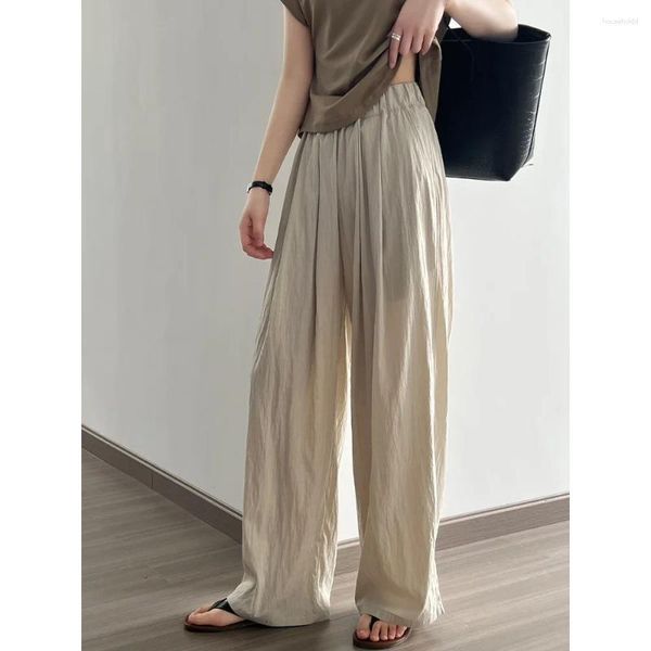 Pantalones De Mujer Pantalones De Pierna Recta De Viscosa Informales Plisados ​​Finosos para El Verano Pantalones Perezosos Japoneses Sueltos Anchos Largos De Cintura Alta Café