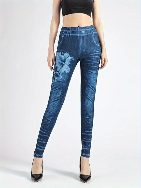 Pantalones de mujer ajustados estampado floral sexy faux denim casual invierno cintura alta estiramiento inferior