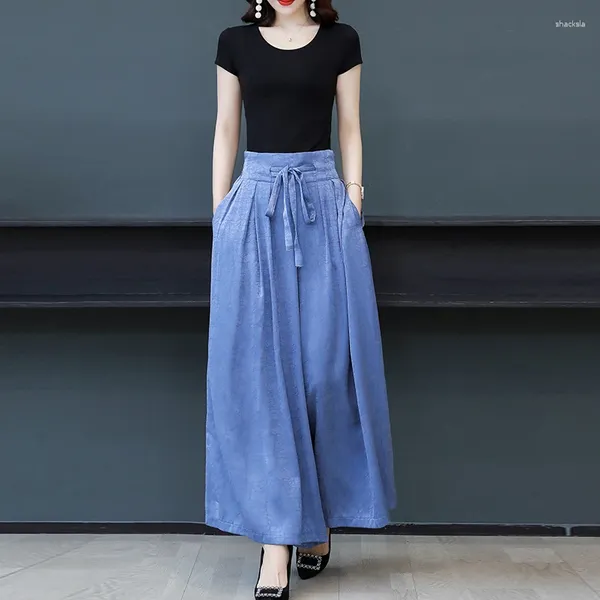 Pantalones para mujer TingYiLi Primavera Verano Seda Satén Palazzo Cintura alta Cordón Suelto Ancho Coreano Elegante Oficina Negro Azul Pantalones
