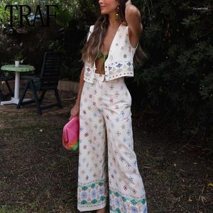 Damesbroek TRAF 2024 Print Hoge taille voor dames Boho Baggy Wijde pijpen Damesmode Casual zomerstrandbroek