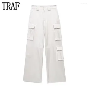 Pantalon Femme TRAF Beige Cargo Femmes Été Baggy Femme Satin Taille Haute Pantalon Streetwear Casual Pour 2024