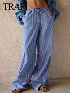 Pantalon femme TRAF mode automne bleu rayé jambe large pantalon ample décontracté dame à lacets Baggy Mujer conjunto Streetwear