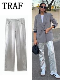 Pantalon Femme TRAF Satin Faux Cuir Pour Femmes Taille Haute Argent Femme Pantalon Élégant Automne Hiver Baggy Casual Large