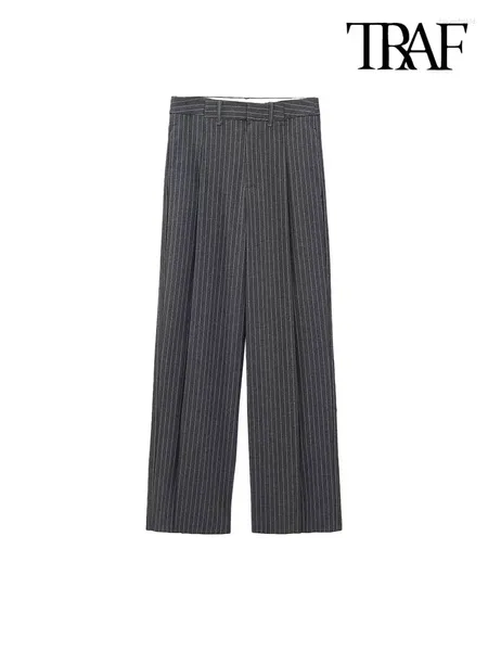 Pantalones para mujer TRAF Mujeres Moda Bolsillos laterales Pinstripe Recto Vintage Cintura alta Cremallera Fly Pantalones femeninos Mujer