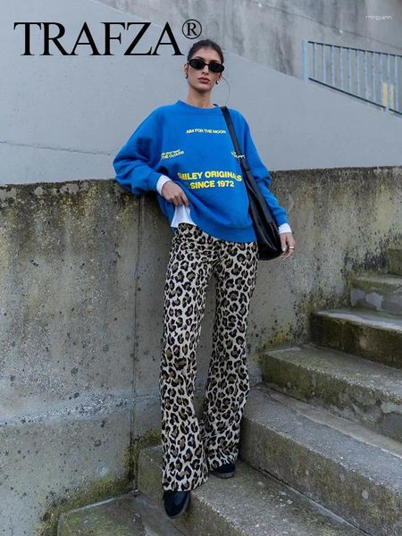 Pantalon féminin Trafza 2024 Femme pantalon Leopard Print High Taist Zipper Long Long Casual Chic Elegant Vintage Wide Leg Pant Street