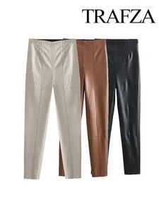 Pantalones para mujer TRAFZA 2024 Mujeres Sólido PU Cuero de imitación Elegante Estiramiento Streetwear Alta Cintura Señoras Lápiz Pantalones Pantalones de longitud completa