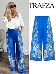 Pantalon féminin Trafza Fashion printemps Femmes Long Blue Imprimerie haute taille High Pockets Bouton Collège de fermeture éclair