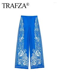 Pantalon Femme TRAFZA Printemps Femme 2024 Tendance Bleu Imprimé Taille Haute Poches Bouton Fermeture À Glissière Pantalon Femme Style Bohème Jambe Large