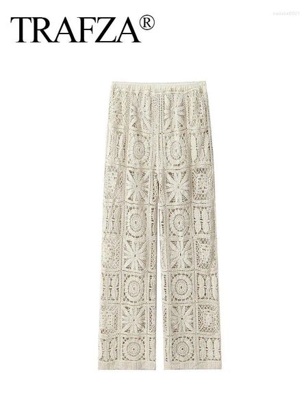 Pantalones de mujer Trafza Summer Long Mujer 2024 Trendy Beige High Wisting Flower Hollow Out Decoring Bosts elástico femenino