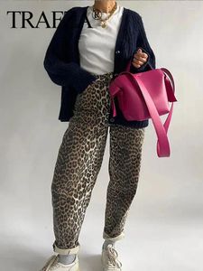 Dames broek trafza dames mode luipaard print wide been los vintage hoge taille ritssluiting broek veer chic vrouwelijk streetwear