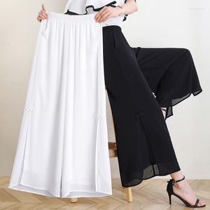 Pantalones para mujer Pantalones 2023 Primavera y verano Gasa Pierna ancha Cintura alta Sensación caída Suelta Dividir Nueve partes