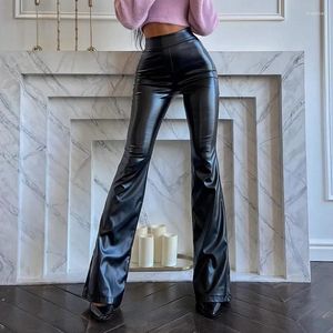 Pantalon féminin pantalon hiver-taille haute taille brillante en cuir noir noir brillant évasé