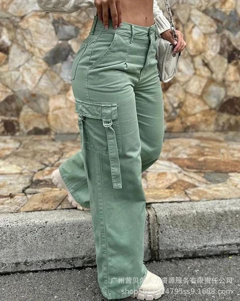 Pantalones de mujer pantalones mujeres 2024 Moda del ejército de moda Bolsa de parche casual verde traje de trabajo recto para