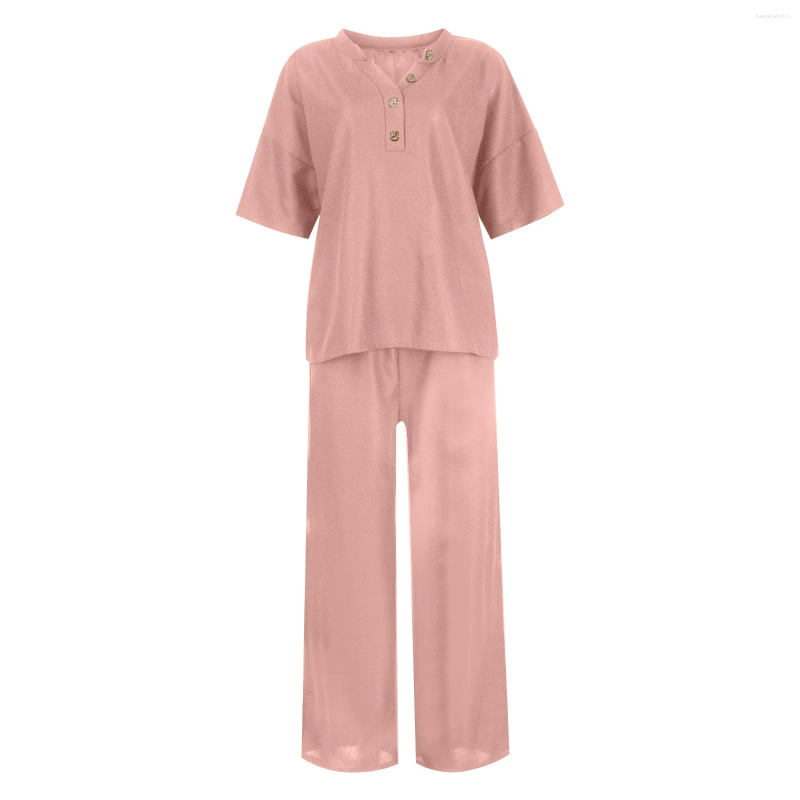 Women's Pants Two-Piece Half-Sleeved Button-Down Top Wide-Leg With Pockets Home Casual Solid Color Suit Elegant Woman