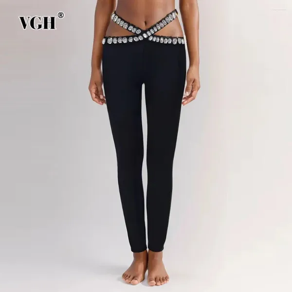 Pantalon féminin VGH Hollow Out Solid Patchwork Diamonds For Women High Taist Minimaliste Slimming Long Pant Feme Female Clothing Fashion Style