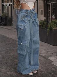 Pantalon Femme VGH Solid Patchwork Pocekt Denim Pantalon pour femmes taille haute bouton épissé Streetwear lâche pleine longueur mode féminine