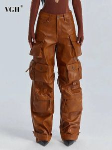 Pantalon féminin VGH Solide Pockwork Pocket en cuir Cargo pour femmes Bouton épissé de taille haute